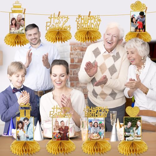 Eucutur 8Pcs Honeycomb Birthday Decorations - Gold Glitter Centerpieces for Women & Men, Happy Birthday Photo Table Topper...