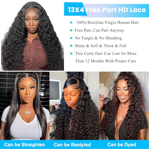 Deep Wave Lace Front Wigs Human Hair Pre Plucked 13x4 HD Lace Frontal Wigs For Women Human Hair Glueless Deep Curly Lace Front Wig Human Hair with Baby Hair 180% Density (22 Inch)