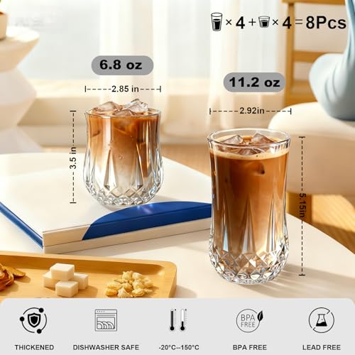 Ruckae Drinking Glasses Set of 8,11 oz and 7 oz Kitchen Water Glass Cups Set,Clear Curvature Glassware Dishwasher Safe,Mix...