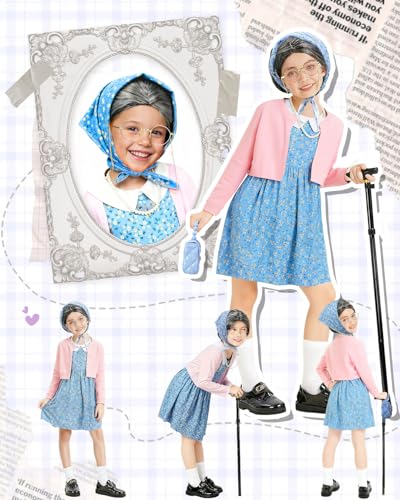 AXINYINGESS 100 Days of School Old Lady Costume Grandma Dress Up Set for Girls Costumes Granny Outfit Kit
