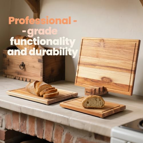 Cokka Praca Teak Cutting Board Set with Stand | 3 Pcs Durable Wooden Cutting Boards for Kitchen | Splinter-Free & No Crack...