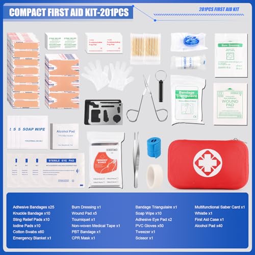 Mini Travel First Aid Kit, Emergency Kit with 201PCS First Aid Supplies and Waterproof Compact Bag, Survival Medical Kit f...
