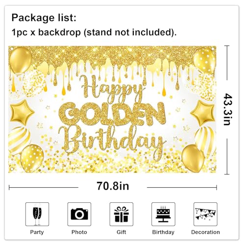 Mocsicka Happy Golden Birthday Backdrop Gold Shiny Glitter Balloons Golden Birthday Banner Party Decorations Photo Booth P...