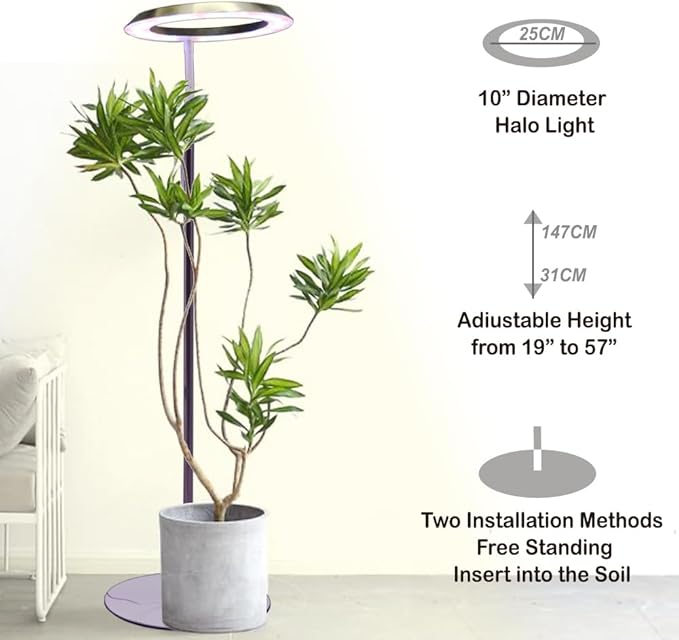 Qux 10” Halo Pro Grow Light,Full Spectrum LED Freestanting Plant Grow Lamp with 3 Kind of Light Colors switchover & 10-Level Dimmable,Auto On Off Timing 4/8/12Hrs for Indoor Larger Plants (Gold)