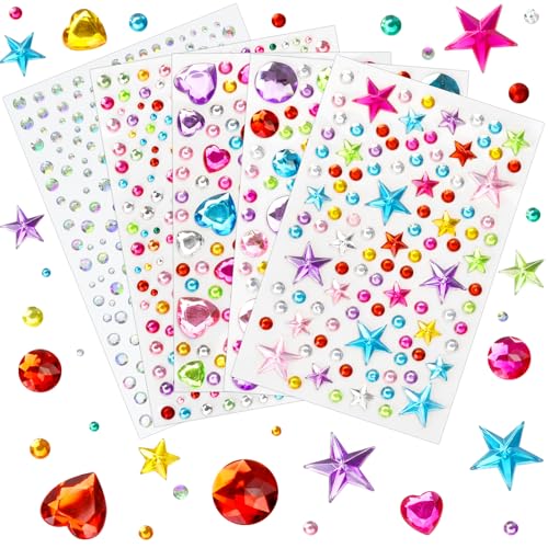 Valentines Gem Stickers Rhinestones for Crafts Scrapbook Supplies, Sparkling Cute Star Heart Round Small Stickers, Glitter...