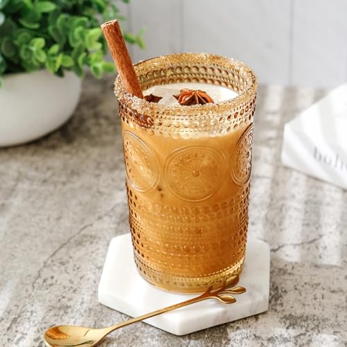 Hobnail Beaded Floral Amber Drinking Glasses Set of 6, (13 oz) Vintage Glassware Set by Kate Aspen| Cocktail Glass Set, Ju...