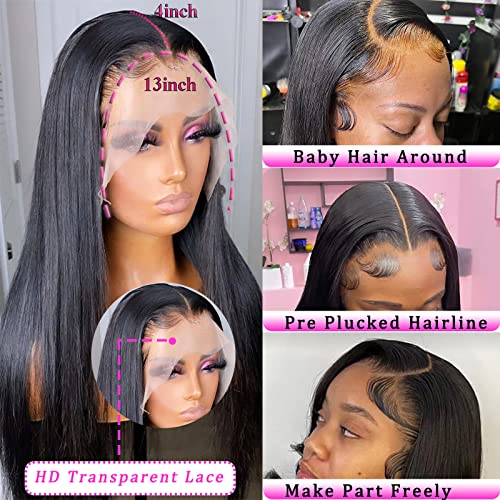 bunGiol 28Inch Lace Front Wigs Human Hair 180% Density 13x4 HD Transparent Straight Lace Front Wigs Human Hair Pre Plucked Brazilian Virgin Hair Lace Frontal Wigs For Black Women