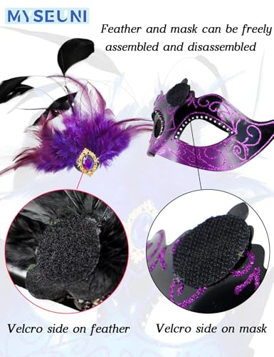 MYSEUNI 2025 Masquerade Mask for Women with Feathers - Venetian Masquerade Mask for Carnival Ball, Mardi Gras, Prom