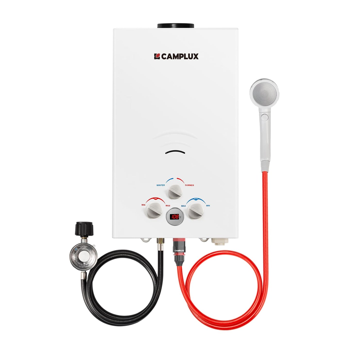 CAMPLUX 2.64 GPM Propane Portable Gas Water Heater, 68,000 BTU Outdoor Tankless Camping Water Heater with Digital Display, White