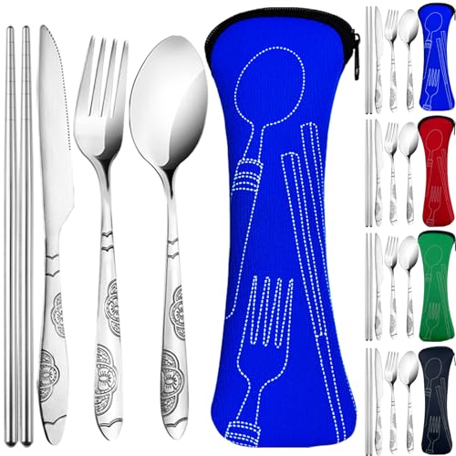 20PCS Premium Travel Utensils With Case, Stainless Steel Reusable Portable Utensils Set With Case, Lengnoyp Travel Silverw...