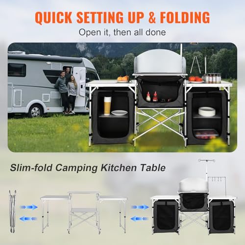 VEVOR Camping Kitchen Table, Folding Outdoor Cooking Table with Storage Carrying Bag, Aluminum Cook Station 3 Cupboard & D...