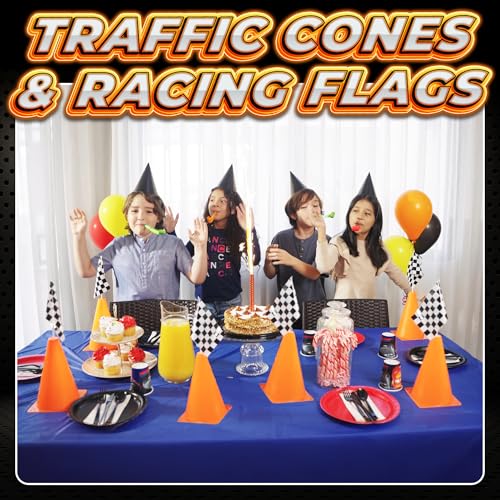 Bedwina Race Car Birthday Party Decorations - (36 Pcs) 12 - 8-Inch Orange Mini Cones for Kids & 24 Black & White Checkered...