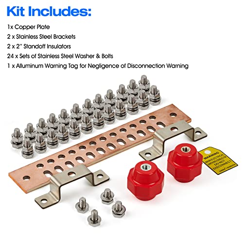 12" Heavy-Duty Copper Ground Bar Kit,Grounding Bus Bar,with 24 x 0.41’’ Holes & Slots and 2” x 2’’ Standoff Insulators Mad...