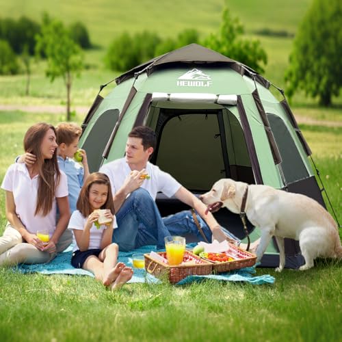 Hewolf 2/3/4 Person Camping Tent - Instant Pop Up Waterproof 2 Doors Tent with Easy Setup | 3-Season Hexagonal Dome Design...
