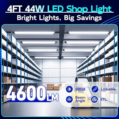 hykolity 4 Pack Linkable LED Shop Light, 4FT 44W [300W Equivalent], 4600lm, 5000K Daylight, Plug-in Utility Bay Light Fixt...