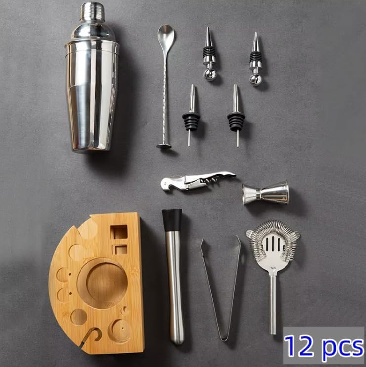 Personalized Cocktail Shaker Set with Stand — Engraved Bartender Kit w/Jigger, Strainer, Spoon & Pourer — Custom Bar Mixol...