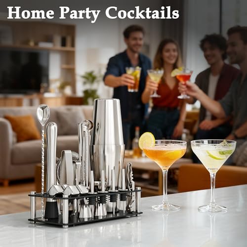 EffiQ-Rate Cocktail Shaker Set Bartender Kit, 24-Piece Boston Stainless Steel Bar Tool Set with Acrylic Stand Bars Set wit...
