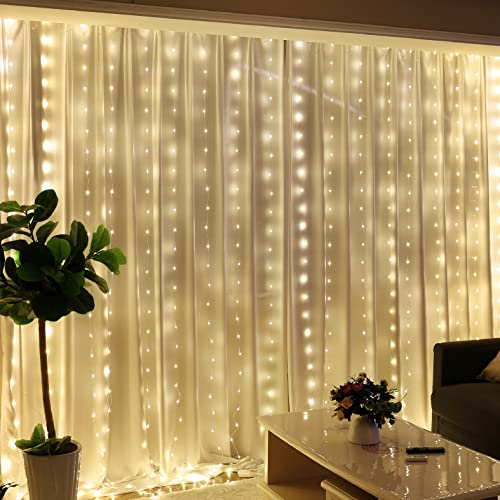 HXWEIYE 300LED Fairy Curtain Lights, 9.8x9.8Ft USB Plug-in 8 Modes Christmas String Hanging Lights with Remote for Bedroom...