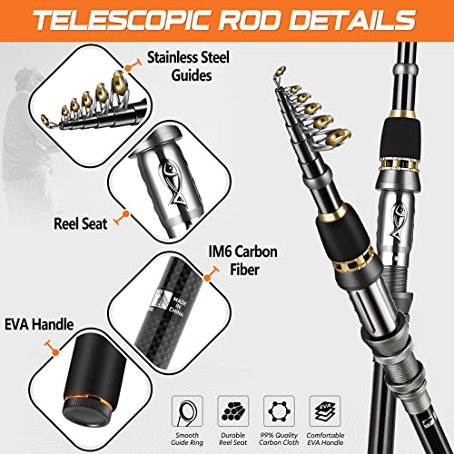PLUSINNO Fishing Rod, Telescopic Fishing Rod and Reel Combo, Collapsible Travel Fishing Pole Rod Starter Kit, Carbon Fiber...