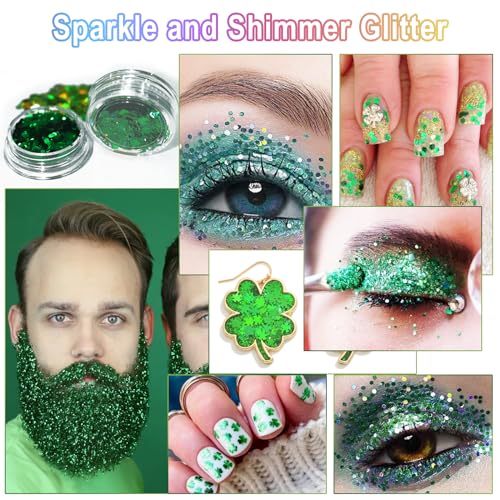 Laza 2 Jars St. Patrick’s Day Body Glitter Iridescent Chunky Sequins with Glitter Glue Women Eyeshadow Makeup Face Paint F...