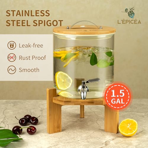l‘ÉPICÉA Glass Drink Dispenser with Wood Stand,Cold Glass Beverage Dispenser for Party,Large Lemonade Dispenser Jar with S...