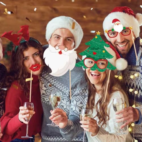 Glitter Christmas Photo Booth Props 30pc Set Photo Backdrop Christmas Party Selfie Prop for Holiday Xmas Party Supplies