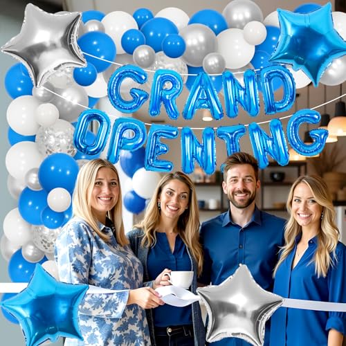 JOYMEMO Grand Opening Decorations Blue - Balloon Arch Garland Kit with Grand Opening Banner, Star Balloons for New Busines...