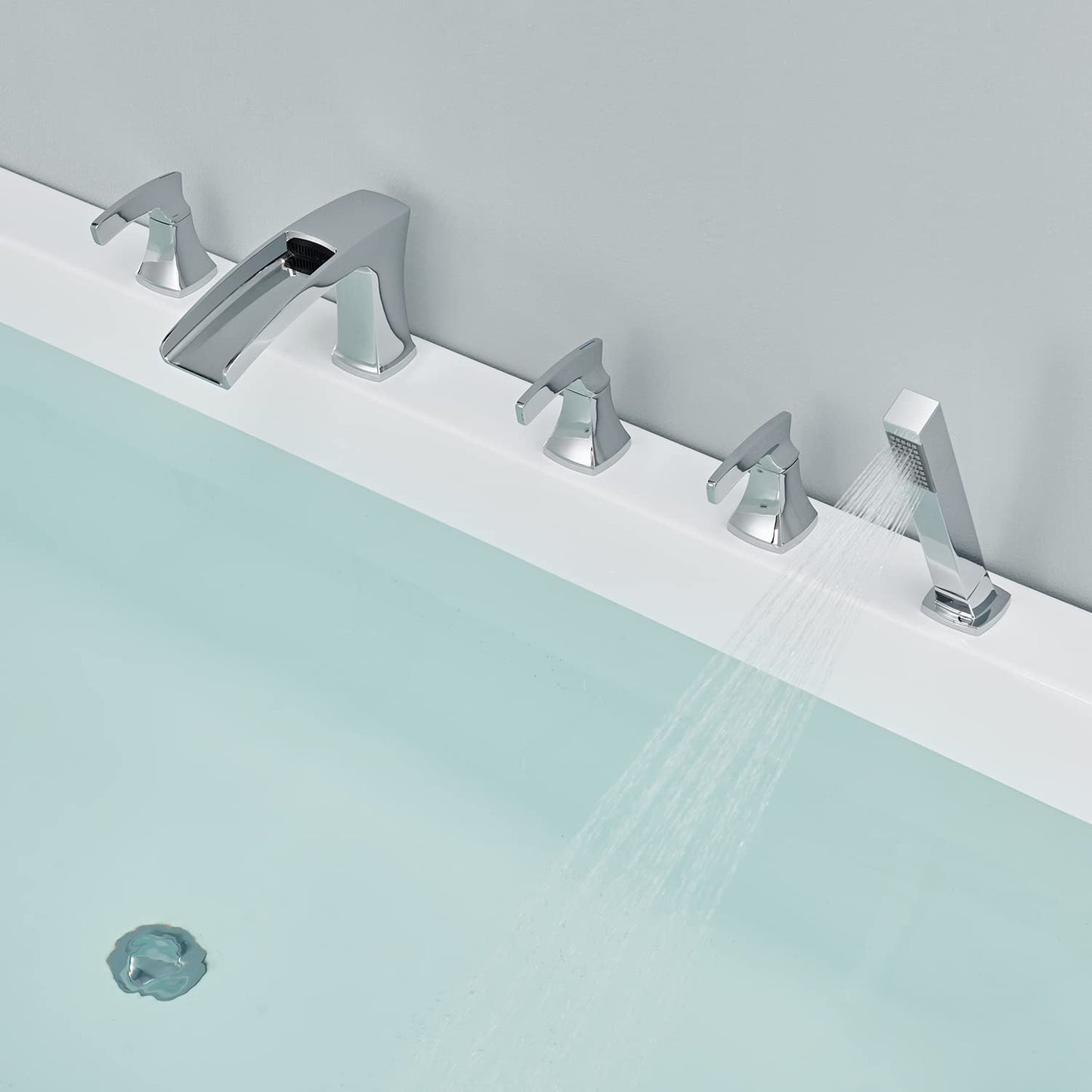 Artiqua Roman Tub Filler Waterfall Tub Faucet Chrome Deck Mount Bathtub Faucets 5 Hole Brass Bathroom Faucets with Hand Shower