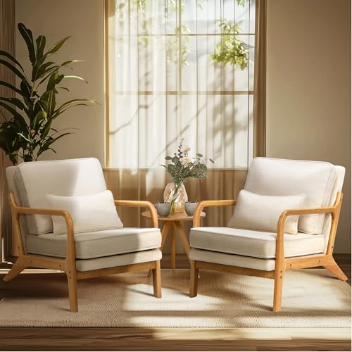 COLAMY Mid Century Modern Accent Chair Set of 2 with Lumbar Pillow, Relaxing Armchair with Solid Wood Frame & Soft Cushio...