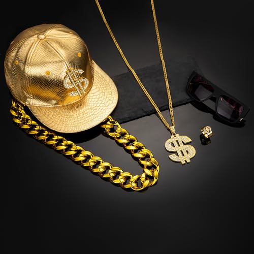 GIFIKOI 80s 90s Hip Hop Costumes Outfit Kit Fake Gold Chain Necklace Dollar Sign Cap Jewelry Set Rapper Accessories