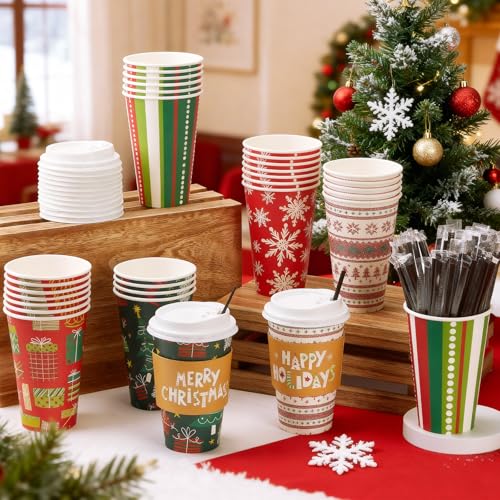 Sunnychicc 120 Sets Christmas Coffee Cups with Lids and Sleeves Stirrers Christmas Disposable Hot chocolate Cocoa Paper Cu...