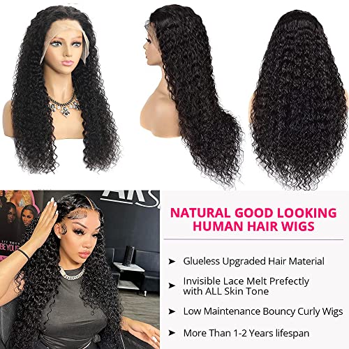 QinMei 13x4 HD Lace Front Wigs Human Hair Wigs for Black Women Deep Wave Glueless Wigs Pre Plucked With Baby Hair Curly Wave Human Hair Lace Frontal Wigs Natural Color 180% Density 18 Inch