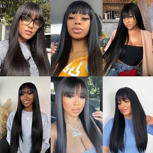 Straight Wigs Human Hair with Bangs 180% Density Brazilian Virgin Human Hair Wigs Glueless Machine Made Wigs for Women None Lace Front Wigs Natural Color 18 Inch