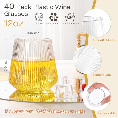 tchrules 40 Pack 12oz Plastic Stemless Wine Glasses, Clear Disposable Ribbed Cocktails Whiskey Glasses, Unbreakable Outdoo...