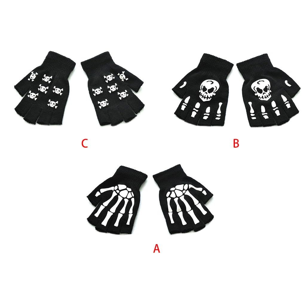 caralin Unisex Adult Halloween Skeleton Skull Half Finger Gloves Glow in the Dark Fingerless Stretch Knitted Winter Mittens Black