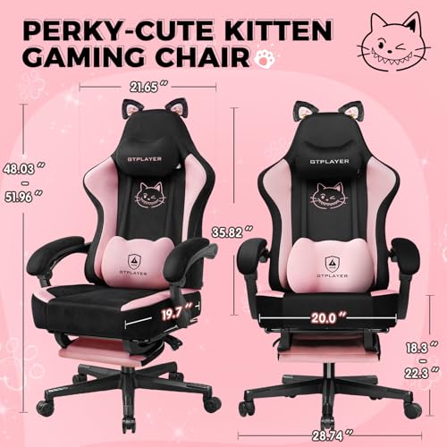 GTPLAYER Pink Gaming Chair Cute with Cat Ears Ergonomic Computer Chair with Cat Embroidery Adjustable Memory Foam Lumbar S...