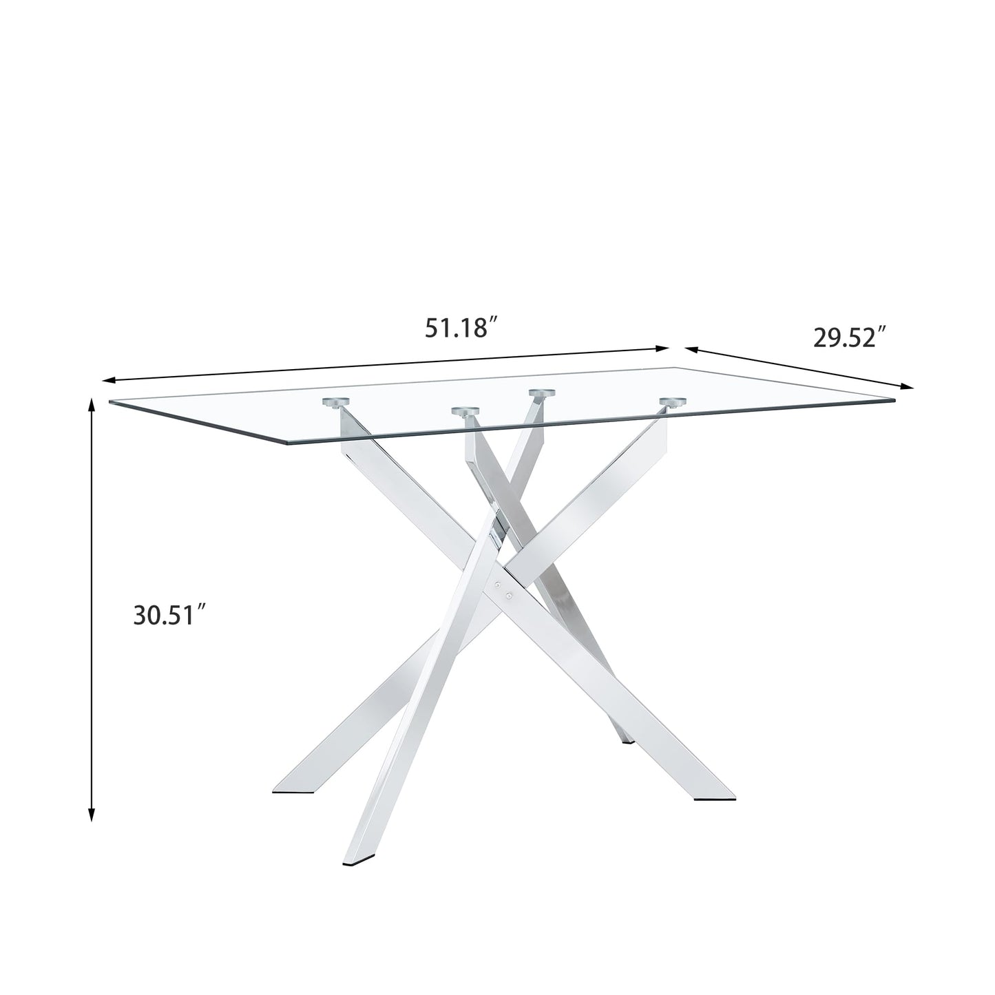 KUVADAZ 51" Rectangle Dining Table for 4 5 6 People, Modern Dining Table with Silver Chrome Metal X-Shaped Legs, Large Glass Kitchen Table Family Dinner Table for Home Office Living Room