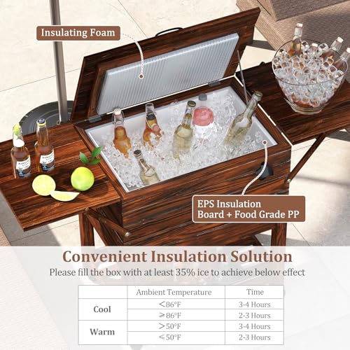 Tangkula Rolling Wooden Patio Cooler Cart, 54 Quart Outdoor Ice Chest Cooler Cart with 2 Drop Leaf Tables, Bottle Opener &...
