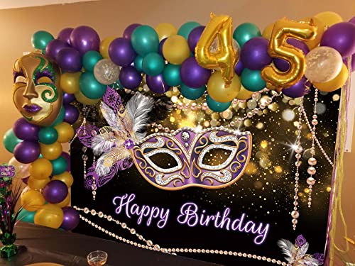 Mardi Gras Birthday Backdrop Masquerade Purple Mask Gold Glitter Feathers Photography Background Retro Women Dress-up Part...