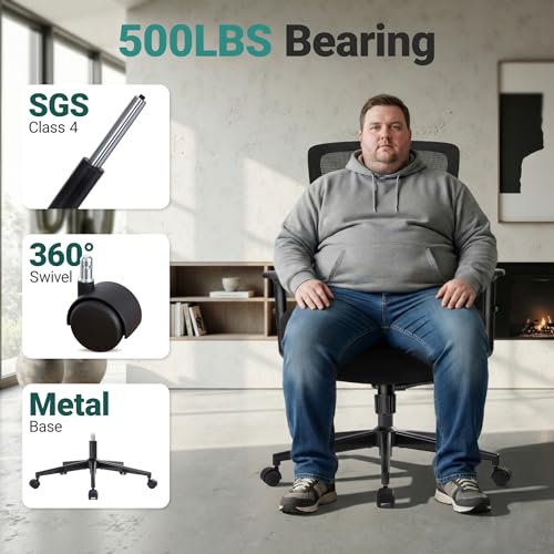 Big and Tall Home Office Desk Chair 500lb Capacity for Heavy People, Ergonomic Wide Mesh Desk Chair with Stepless Recline...