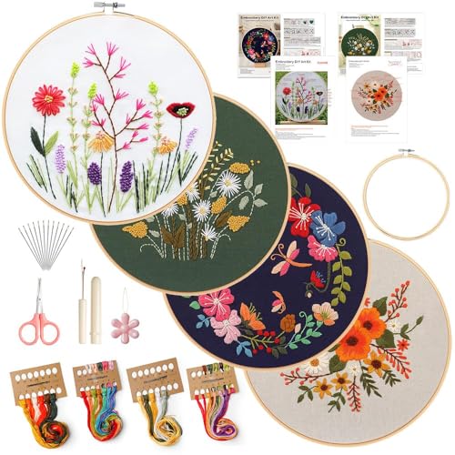 4 Pack Embroidery kit for Beginners Adults DIY Starter Kit, Cross Stitch Kits with Flower Stamped Patterns, Embroidery Hoo...