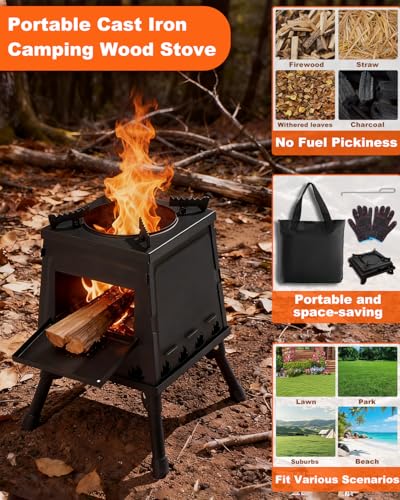 GVUHR Portable Wood Burning Stove - Lightweight Cast Iron Camp Stove for Backpacking，A Small Size 8.9in * 8.9in * 8.7in Ba...