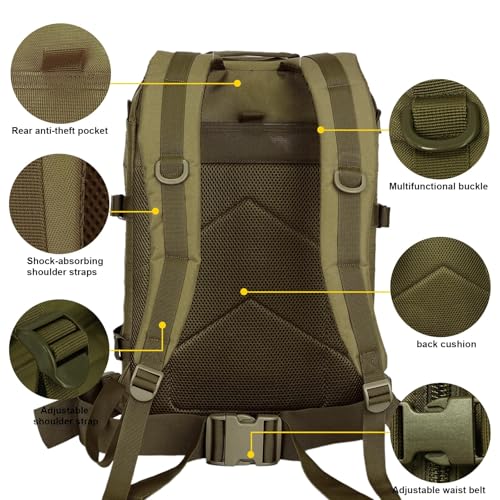 40L Tactical Backpack, Camouflage Military Bug Out Bag, Durable MOLLE Hiking Camping Gear (GREEN)