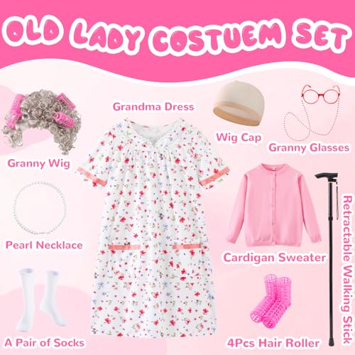 FUNSENLY Old Lady Costume for Kids Girls 100 Days of School Costume, Granny Grandma Dress Up for Girls