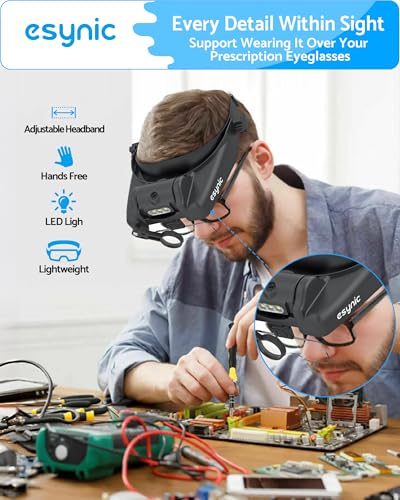 eSynic Type-C Rechargeable Magnifying Glasses Headset-Up to 14X Magnification-5 Interchangeable Lens-3 LED Lights -2 Adjus...
