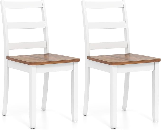 Giantex Dining Chairs, Wooden Armless Kitchen Chairs with Solid Rubber Wood Legs, Farmhouse Ladder Back Dining Chairs for Dining Room (2, White+Brown)