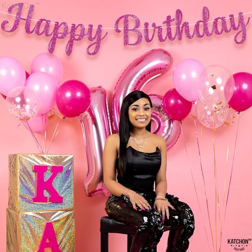 KatchOn, Glitter Hot Pink Cursive Happy Birthday Banner - Pre-Strung, 10 Feet | Birthday Decorations for Women, Girls | Hb...