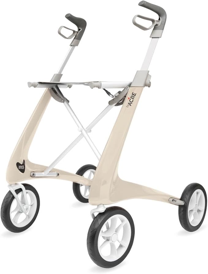 byACRE Carbon Ultralight Rollator Walker with Organizer Bag, Regular Track, 16.5" x 24" Seat (W x H), Oyster White