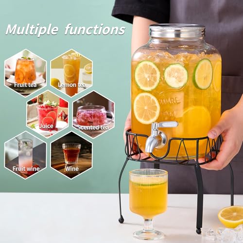 2 Gallon Glass Beverage Dispenser with Stand, Stainless Steel Spigot and Lid, Glass Drink Dispensers for Parties, Drink Di...