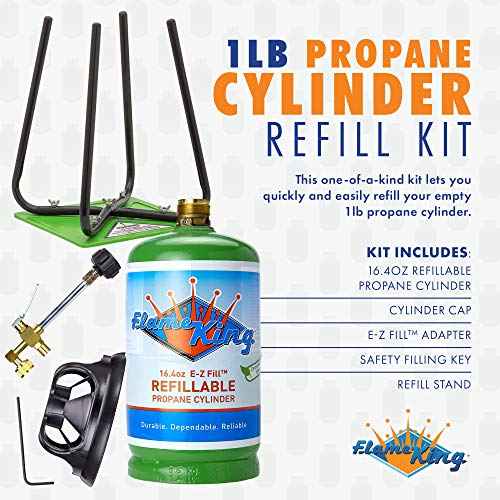 Flame King Refillable 1LB Empty Propane Cylinder Tank - with Refill Kit and CGA600 Connection - Reusable - Safe and Legal Refill Option - DOT Compliant - 16.4 oz, Green